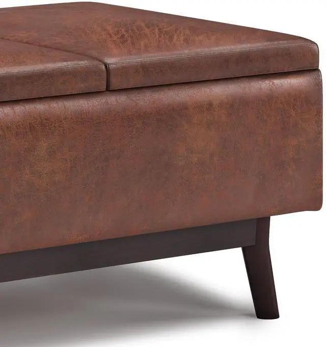 Alt view image 5 of 7 - Owen - Tray Top Small Coffee Table Storage Ottoman - Distressed Saddle Brown