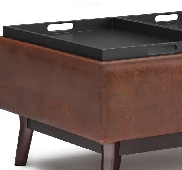 Alt view image 3 of 7 - Owen - Tray Top Small Coffee Table Storage Ottoman - Distressed Saddle Brown