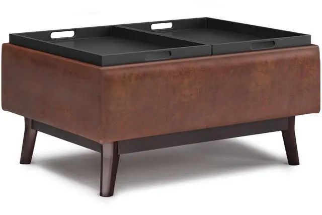 Alt view image 6 of 7 - Owen - Tray Top Small Coffee Table Storage Ottoman - Distressed Saddle Brown