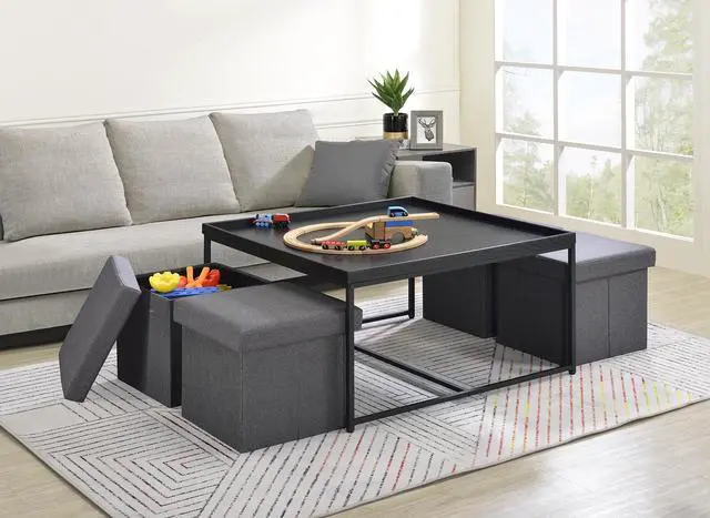Alt view image 2 of 7 - Vinny 35" Black Wood Grain 5 Piece Coffee Table Set with Raised Edges