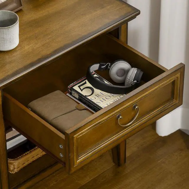 Alt view image 3 of 7 - Side Table with Storage, Vintage End Table with Drawer and Open Shelf, Beside Table for Bedroom, Living Room, Dark Coffee