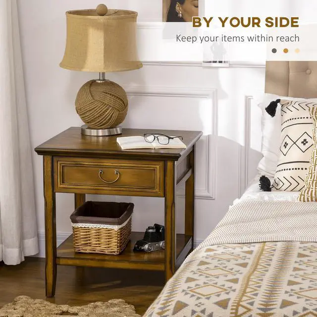 Alt view image 6 of 7 - Side Table with Storage, Vintage End Table with Drawer and Open Shelf, Beside Table for Bedroom, Living Room, Dark Coffee