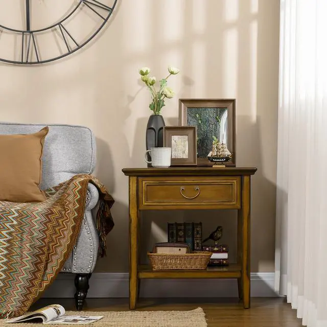 Alt view image 4 of 7 - Side Table with Storage, Vintage End Table with Drawer and Open Shelf, Beside Table for Bedroom, Living Room, Dark Coffee