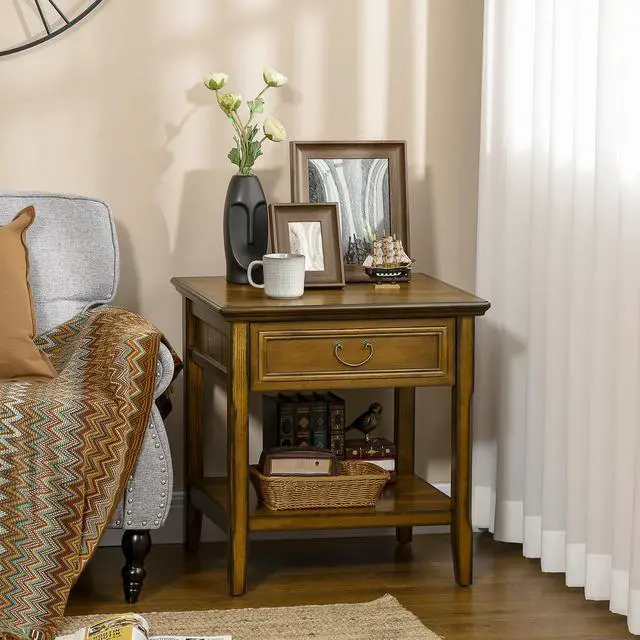 Alt view image 7 of 7 - Side Table with Storage, Vintage End Table with Drawer and Open Shelf, Beside Table for Bedroom, Living Room, Dark Coffee