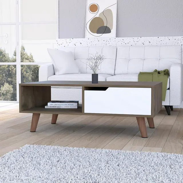 Main image of Dark Brown and White 1-Drawer 1-Shelf Rectangle Coffee Table