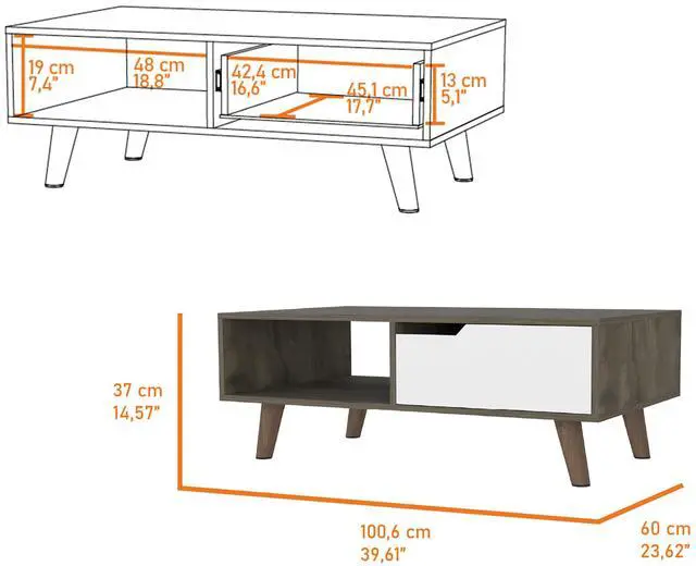 Alt view image 5 of 5 - Dark Brown and White 1-Drawer 1-Shelf Rectangle Coffee Table
