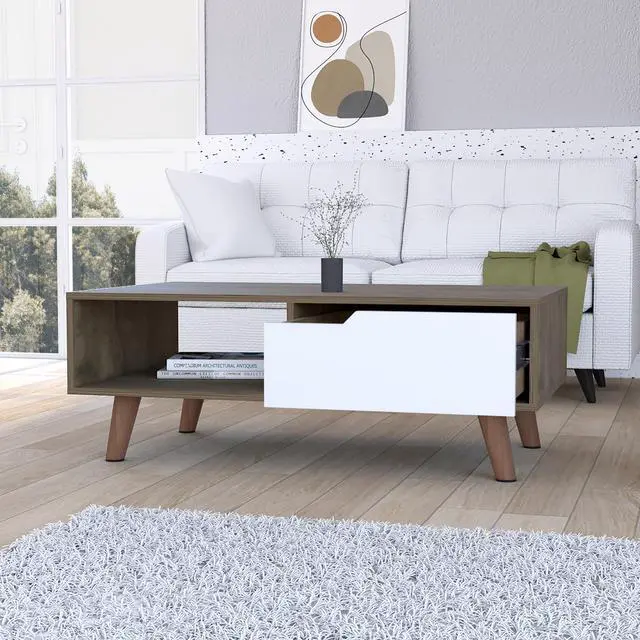 Alt view image 2 of 5 - Dark Brown and White 1-Drawer 1-Shelf Rectangle Coffee Table