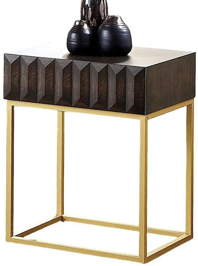 Alt view image 2 of 7 - Contemporary Style Side Table Metal Structure Conceal Drawers Gold Steel legs Walnut And Gold Finish Ball Bearing Glides Texture Panel Coffee Table-Not Included