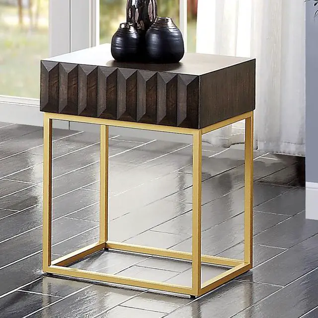 Main image of Contemporary Style Side Table Metal Structure Conceal Drawers Gold Steel legs Walnut And Gold Finish Ball Bearing Glides Texture Panel Coffee Table-Not Included