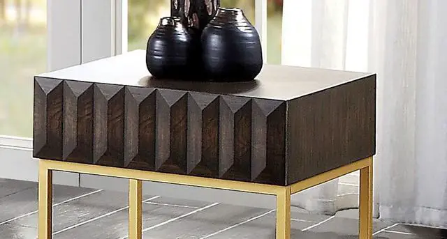 Alt view image 5 of 7 - Contemporary Style Side Table Metal Structure Conceal Drawers Gold Steel legs Walnut And Gold Finish Ball Bearing Glides Texture Panel Coffee Table-Not Included