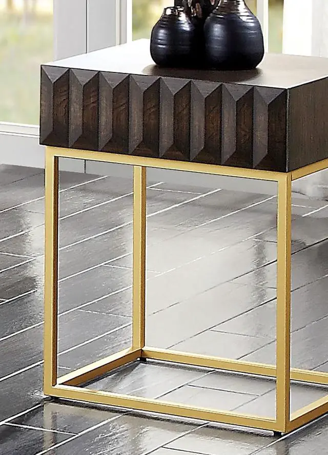 Alt view image 6 of 7 - Contemporary Style Side Table Metal Structure Conceal Drawers Gold Steel legs Walnut And Gold Finish Ball Bearing Glides Texture Panel Coffee Table-Not Included