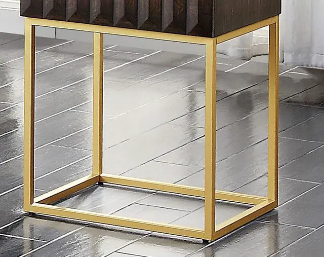 Alt view image 7 of 7 - Contemporary Style Side Table Metal Structure Conceal Drawers Gold Steel legs Walnut And Gold Finish Ball Bearing Glides Texture Panel Coffee Table-Not Included