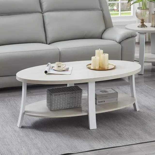 Main image of Anze Contemporary Oval Wood Shelf Coffee Table in White Finish