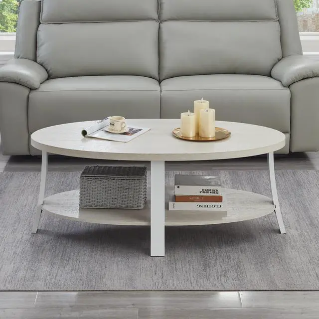 Alt view image 2 of 5 - Anze Contemporary Oval Wood Shelf Coffee Table in White Finish
