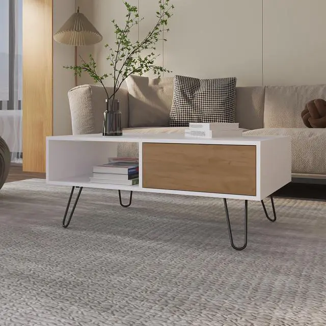 Main image of Gramling Coffee Table with a Drawer and Hairpin Legs, White + Natural Oak