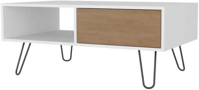 Alt view image 2 of 7 - Gramling Coffee Table with a Drawer and Hairpin Legs, White + Natural Oak