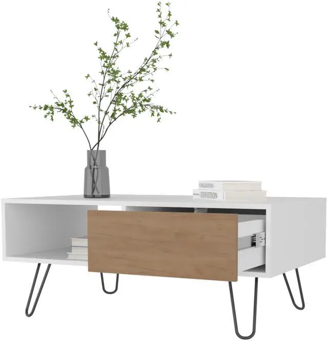 Alt view image 5 of 7 - Gramling Coffee Table with a Drawer and Hairpin Legs, White + Natural Oak