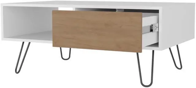 Alt view image 6 of 7 - Gramling Coffee Table with a Drawer and Hairpin Legs, White + Natural Oak
