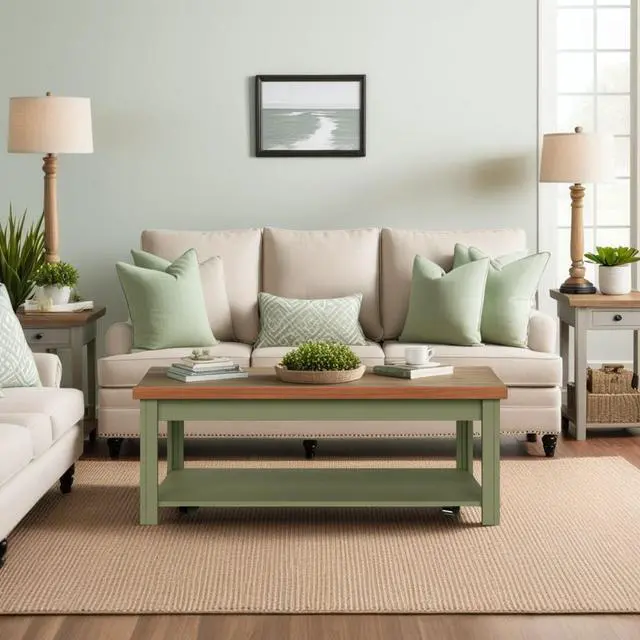 Main image of 48 inch Coffee Table, No Assembly Required, Sage Green and Fruitwood Finish