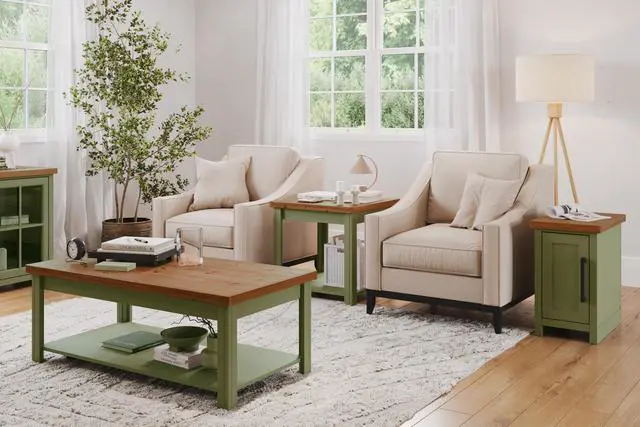 Alt view image 4 of 7 - 48 inch Coffee Table, No Assembly Required, Sage Green and Fruitwood Finish
