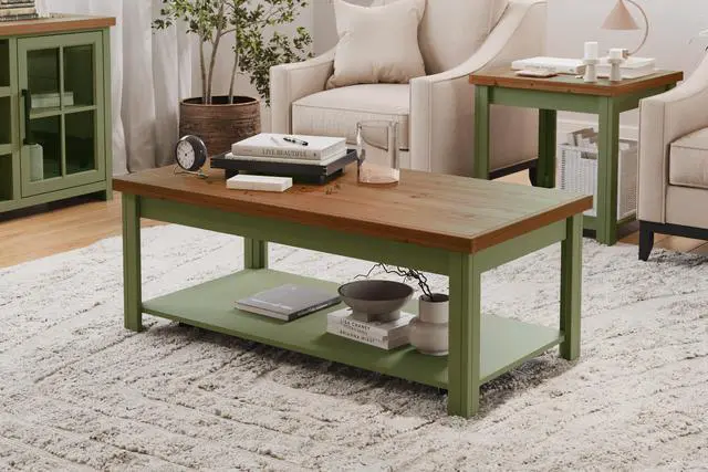 Alt view image 2 of 7 - 48 inch Coffee Table, No Assembly Required, Sage Green and Fruitwood Finish