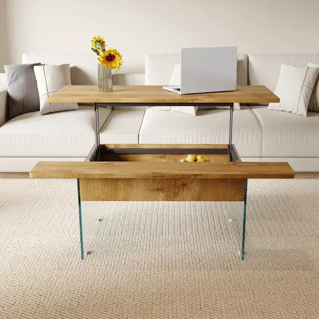 Main image of 43.3-inch coffee table with height-adjustment function (with storage space) combines rustic style with tempered glass.Space-saving design,multiple color options,Suitable for living room and office
