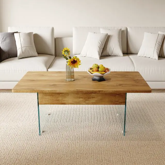 Alt view image 2 of 7 - 43.3-inch coffee table with height-adjustment function (with storage space) combines rustic style with tempered glass.Space-saving design,multiple color options,Suitable for living room and office