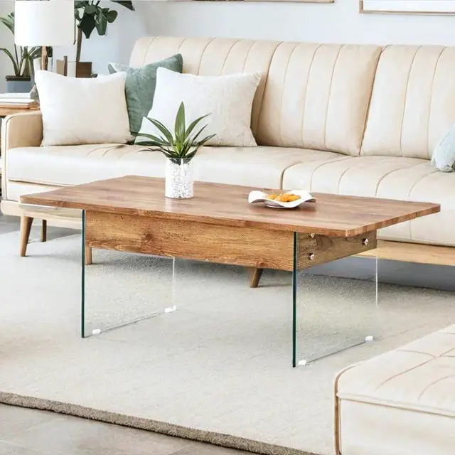 Alt view image 4 of 7 - 43.3-inch coffee table with height-adjustment function (with storage space) combines rustic style with tempered glass.Space-saving design,multiple color options,Suitable for living room and office