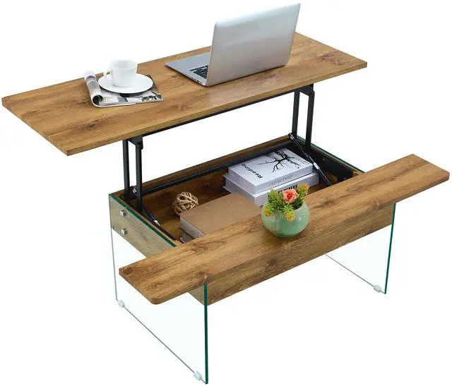 Alt view image 7 of 7 - 43.3-inch coffee table with height-adjustment function (with storage space) combines rustic style with tempered glass.Space-saving design,multiple color options,Suitable for living room and office