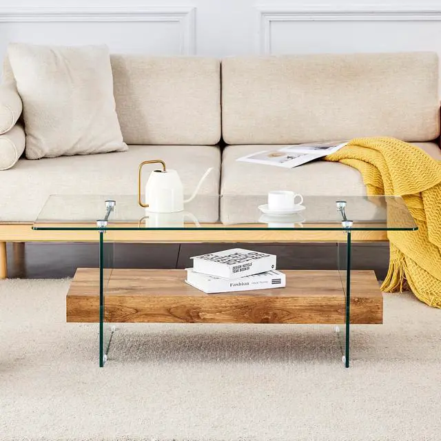 Main image of 40.3-inch sturdy double-layer coffee table - tempered glass tabletop and table legs, with a load-bearing capacity of 250 pounds, decorated with wood grain veneer, a retro and practical coffee table