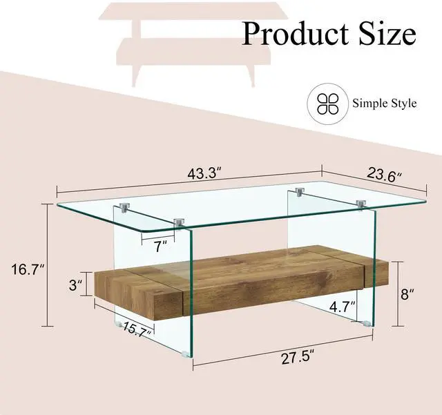 Alt view image 4 of 7 - 40.3-inch sturdy double-layer coffee table - tempered glass tabletop and table legs, with a load-bearing capacity of 250 pounds, decorated with wood grain veneer, a retro and practical coffee table