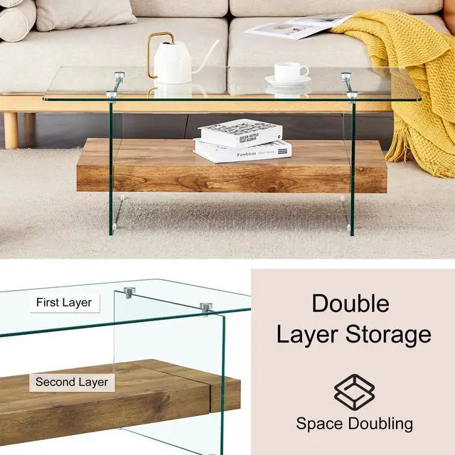 Alt view image 2 of 7 - 40.3-inch sturdy double-layer coffee table - tempered glass tabletop and table legs, with a load-bearing capacity of 250 pounds, decorated with wood grain veneer, a retro and practical coffee table