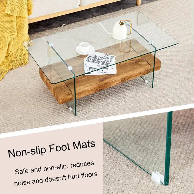 Alt view image 3 of 7 - 40.3-inch sturdy double-layer coffee table - tempered glass tabletop and table legs, with a load-bearing capacity of 250 pounds, decorated with wood grain veneer, a retro and practical coffee table