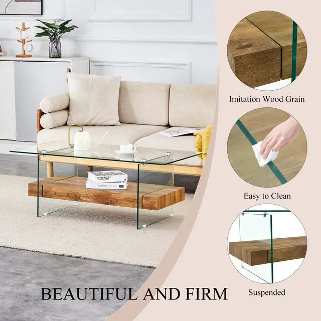 Alt view image 5 of 7 - 40.3-inch sturdy double-layer coffee table - tempered glass tabletop and table legs, with a load-bearing capacity of 250 pounds, decorated with wood grain veneer, a retro and practical coffee table