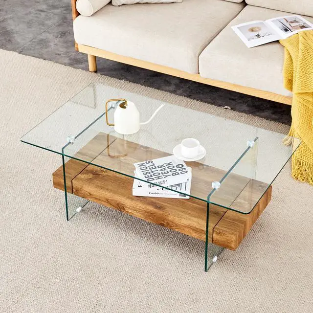 Alt view image 7 of 7 - 40.3-inch sturdy double-layer coffee table - tempered glass tabletop and table legs, with a load-bearing capacity of 250 pounds, decorated with wood grain veneer, a retro and practical coffee table