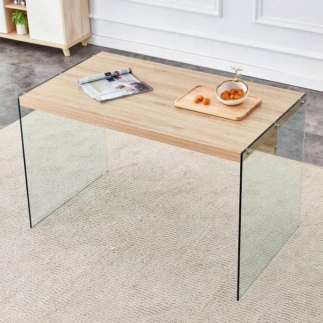 Main image of The top of the coffee table is made of medium density fiberboard and wooden stickers, with transparent tempered glass on both sides. The design is simple and elegant, with a sturdy structure.
