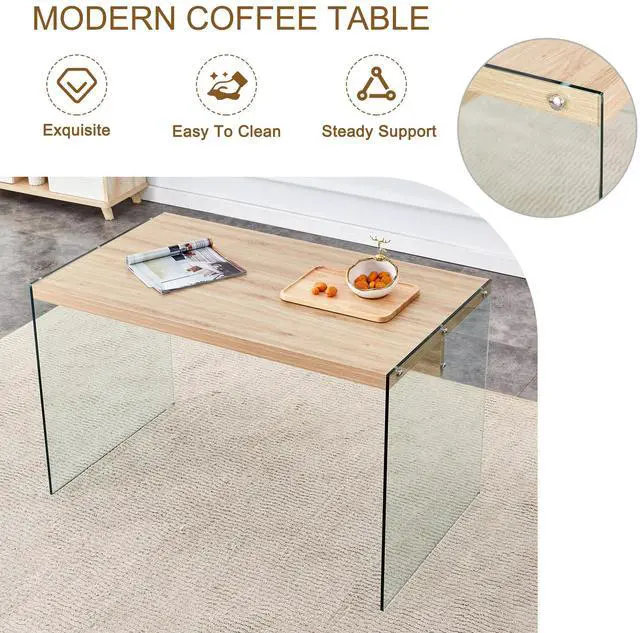 Alt view image 5 of 7 - The top of the coffee table is made of medium density fiberboard and wooden stickers, with transparent tempered glass on both sides. The design is simple and elegant, with a sturdy structure.