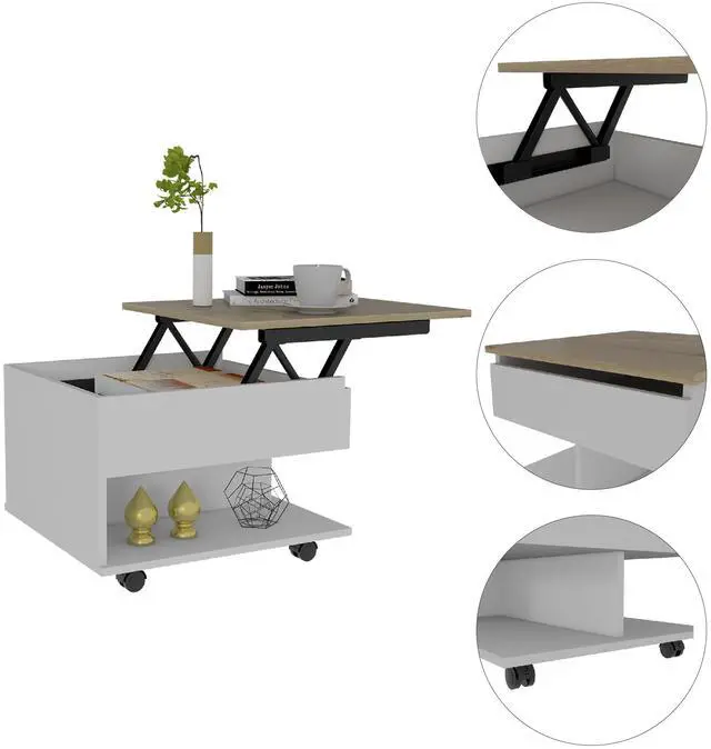 Alt view image 3 of 7 - White and Light Oak 1-Drawer 1-Shelf Lift Top Coffee Table