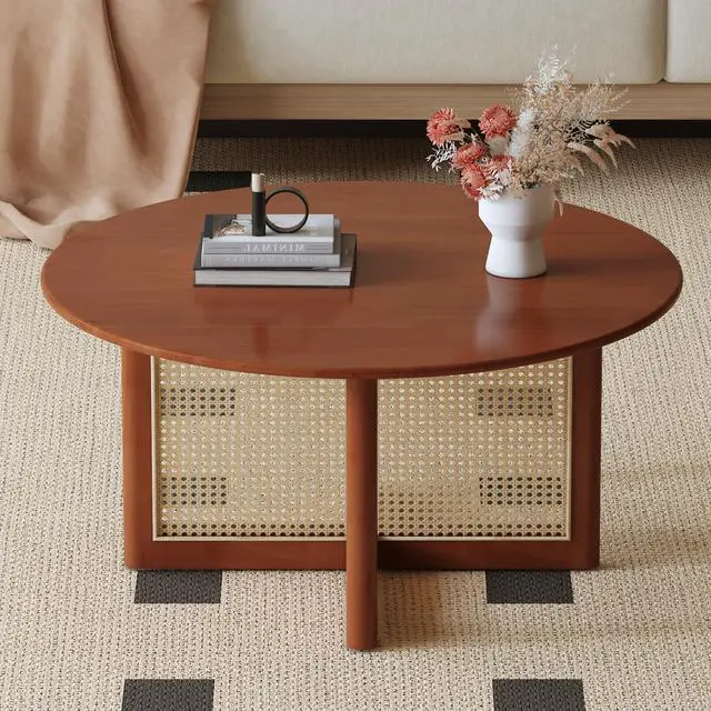 Main image of A natural and elegant deep red wooden coffee table with artificial rattan decorations, perfect for a fashionable living room and comfortable tea drinking time.W1151140563