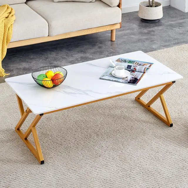 Alt view image 2 of 7 - A coffee table made of rock slab material, with a smooth and natural surface that complements the modern design of the golden metal legs, making it suitable for living rooms .47*23.6 W1151P154282