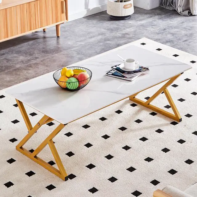 Alt view image 4 of 7 - A coffee table made of rock slab material, with a smooth and natural surface that complements the modern design of the golden metal legs, making it suitable for living rooms .47*23.6 W1151P154282