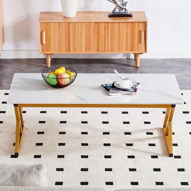 Alt view image 5 of 7 - A coffee table made of rock slab material, with a smooth and natural surface that complements the modern design of the golden metal legs, making it suitable for living rooms .47*23.6 W1151P154282