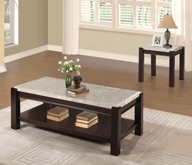 Alt view image 4 of 4 - Genuine Marble Top Cocktail Table Dark Cherry Finish Wood Frame Contemporary Living Room Furniture 1pc Coffee Table