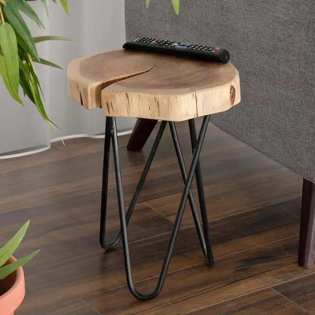 Main image of 12" Acacia Wood End/Side Table, Living Room Accent Stool, Iron Hairpin Legs, Home Décor, Brown/Black