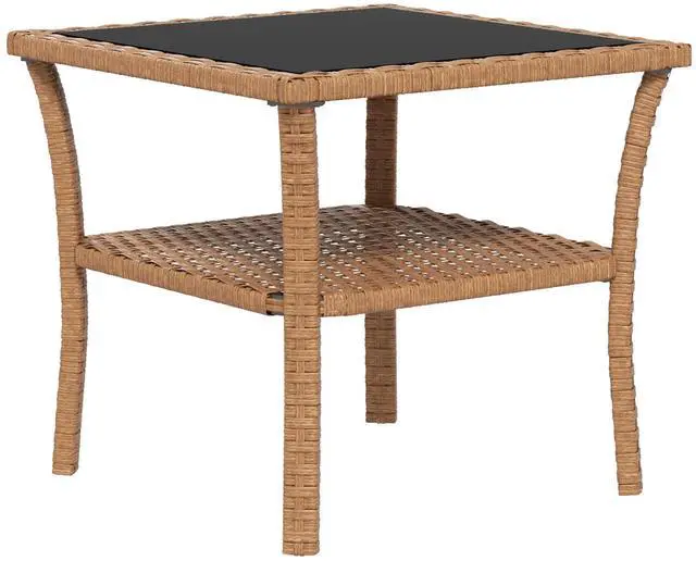 Main image of Outsunny Rattan Side Table, Outdoor End Table with Storage Shelf, Aluminum Frame Square, Coffee Table with Tempered Glass Top, Sand