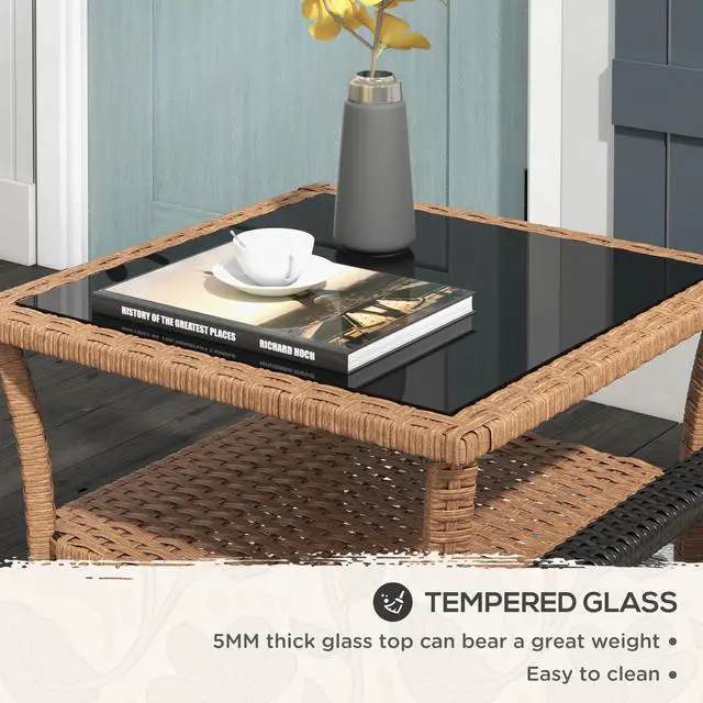 Alt view image 3 of 7 - Outsunny Rattan Side Table, Outdoor End Table with Storage Shelf, Aluminum Frame Square, Coffee Table with Tempered Glass Top, Sand