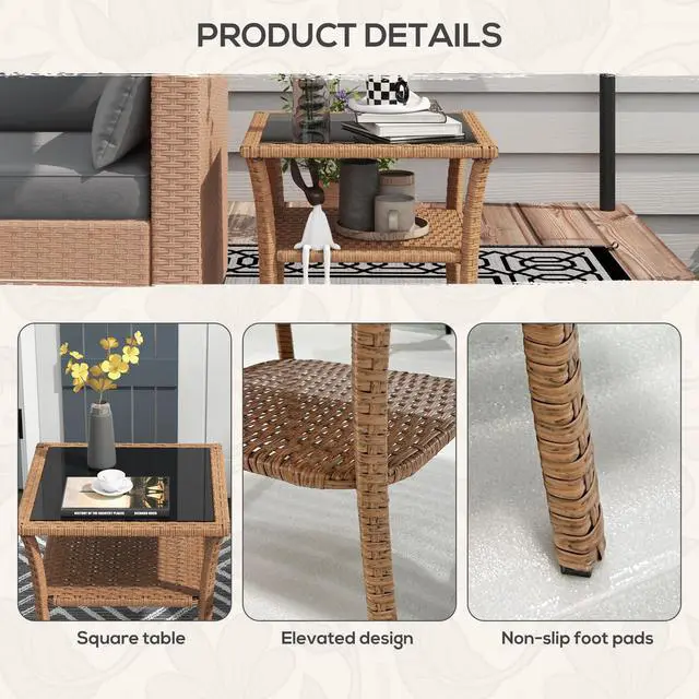 Alt view image 2 of 7 - Outsunny Rattan Side Table, Outdoor End Table with Storage Shelf, Aluminum Frame Square, Coffee Table with Tempered Glass Top, Sand