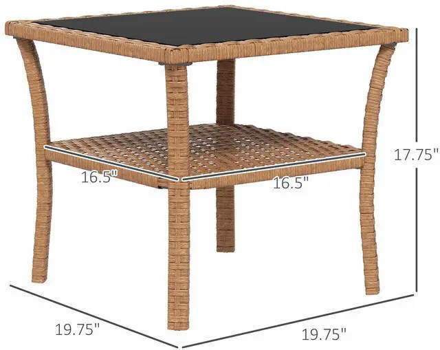 Alt view image 7 of 7 - Outsunny Rattan Side Table, Outdoor End Table with Storage Shelf, Aluminum Frame Square, Coffee Table with Tempered Glass Top, Sand