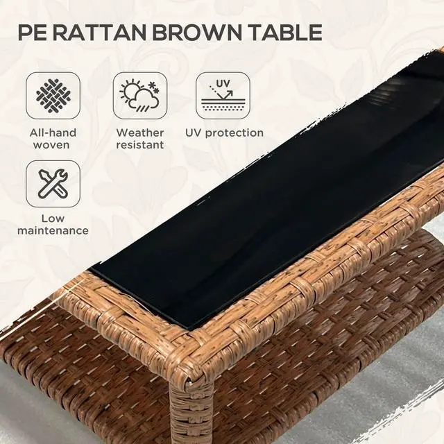 Alt view image 6 of 7 - Outsunny Rattan Side Table, Outdoor End Table with Storage Shelf, Aluminum Frame Square, Coffee Table with Tempered Glass Top, Sand