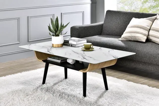 Main image of Landon 47" Coffee Table with Glass White Marble Texture Top and Bent Wood Design